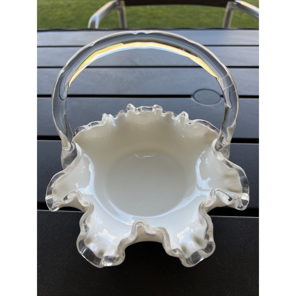 Vintage Fenton Milk Glass Silver Crest Basket Ruffled Edge Candy Dish Stunning